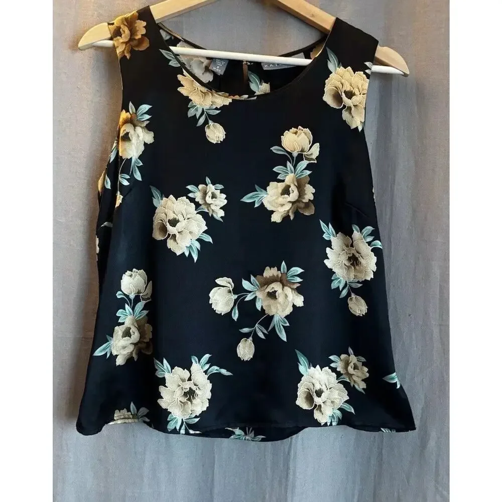 Kate Hill Silk Top Satin Black Tank Sleeveless Size 8 Floral Roses